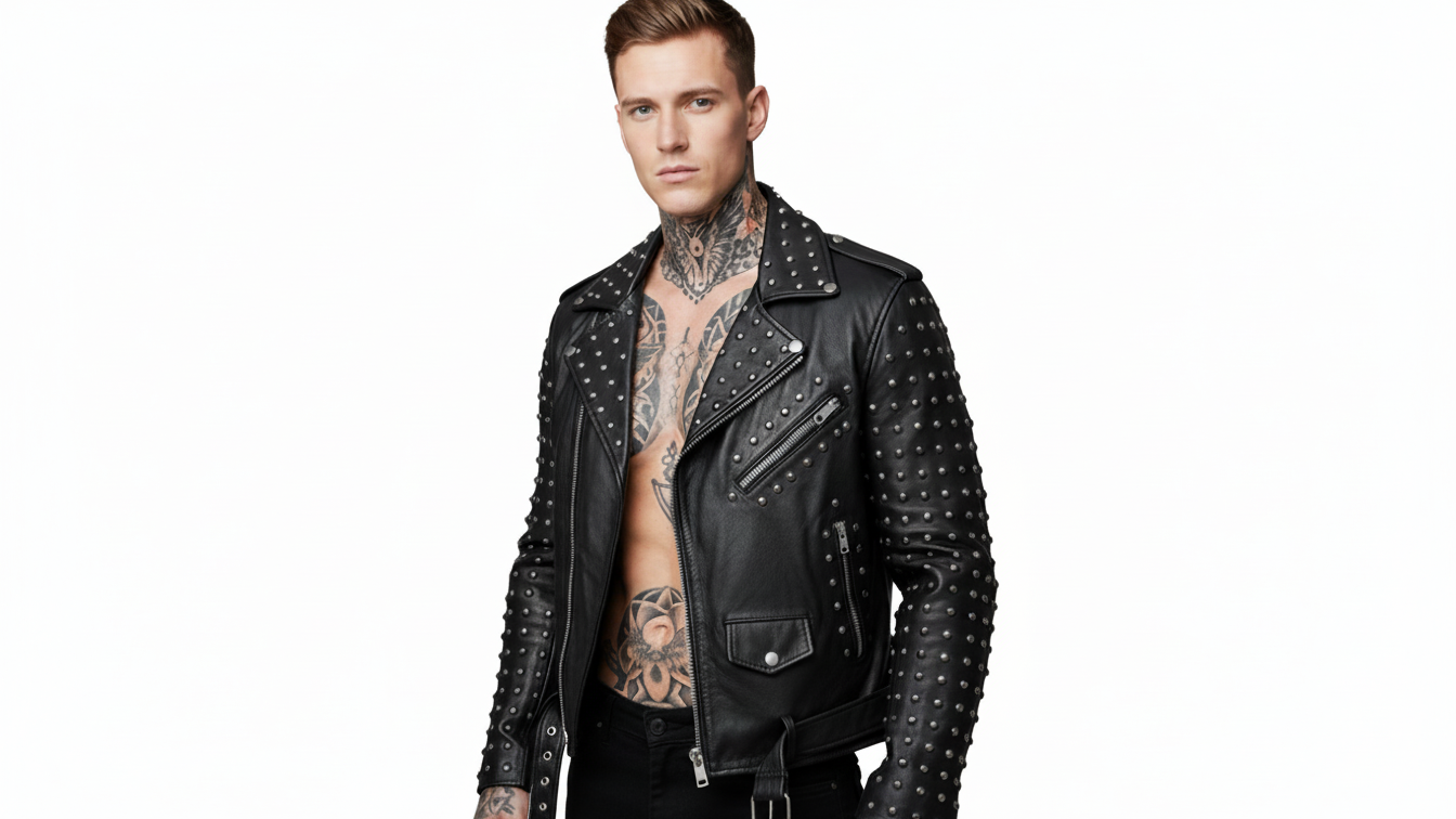 Men’s Black Studded Leather Biker Jacket Punk Rock Motorcycle Zip Moto Coat