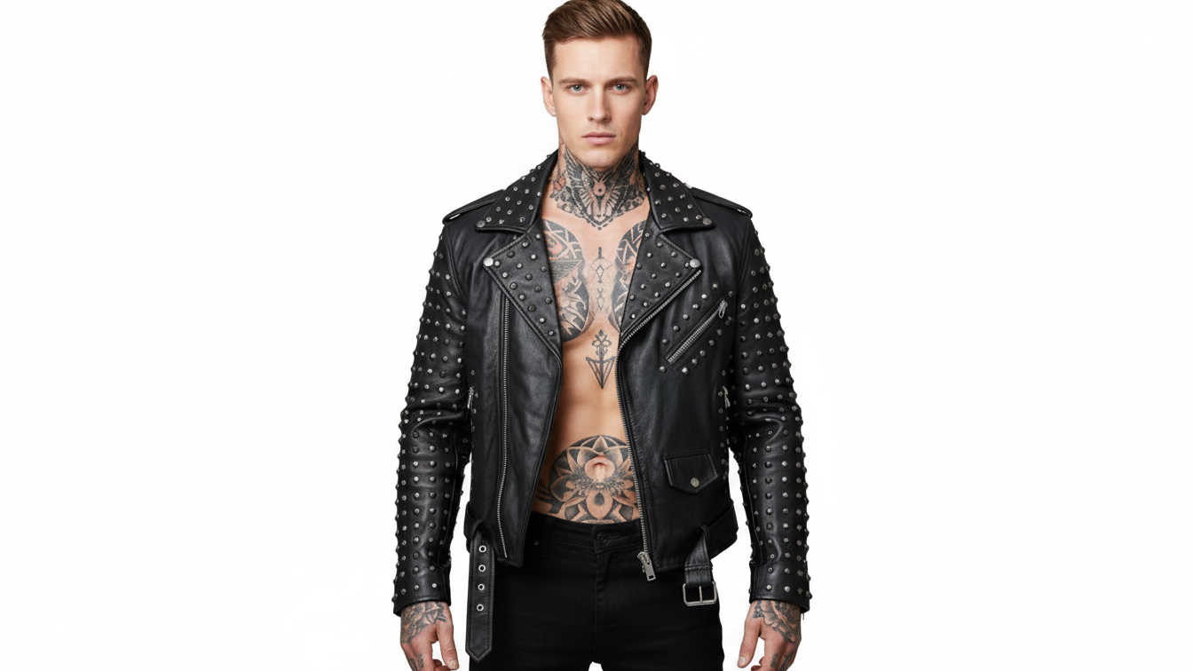 Men’s Black Studded Leather Biker Jacket Punk Rock Motorcycle Zip Moto Coat
