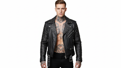Men’s Black Studded Leather Biker Jacket Punk Rock Motorcycle Zip Moto Coat