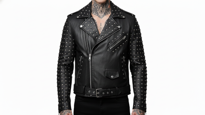 Men’s Black Studded Leather Biker Jacket Punk Rock Motorcycle Zip Moto Coat