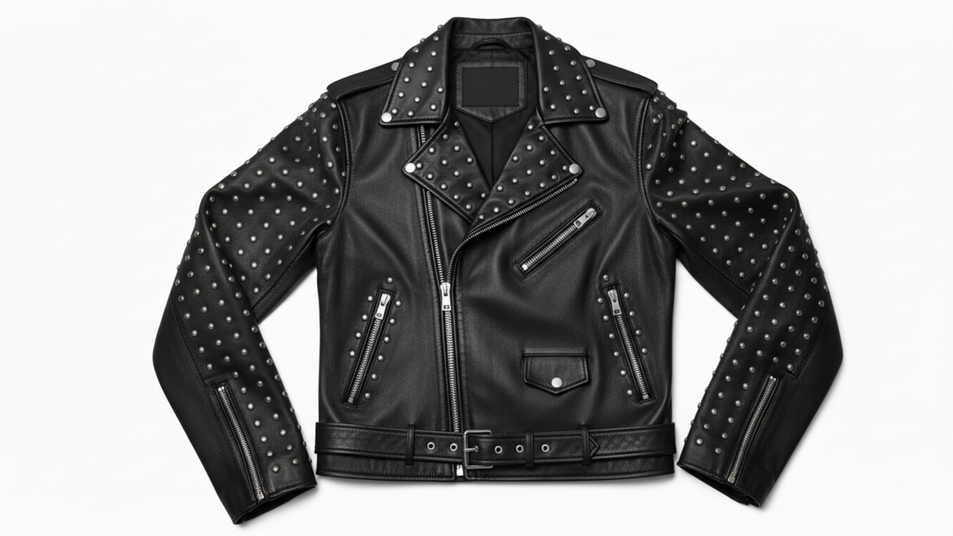Men’s Black Studded Leather Biker Jacket Punk Rock Motorcycle Zip Moto Coat