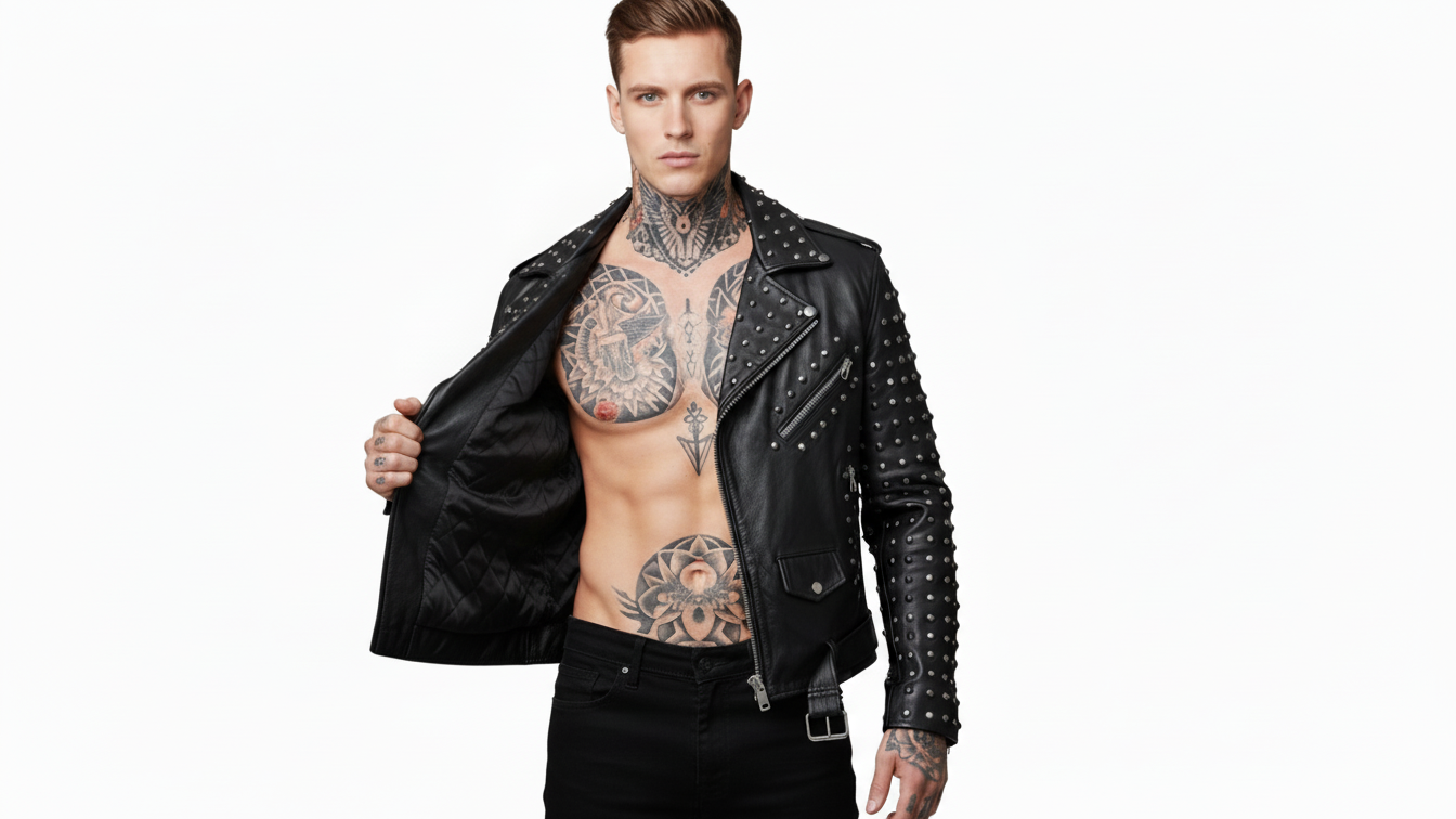 Men’s Black Studded Leather Biker Jacket Punk Rock Motorcycle Zip Moto Coat