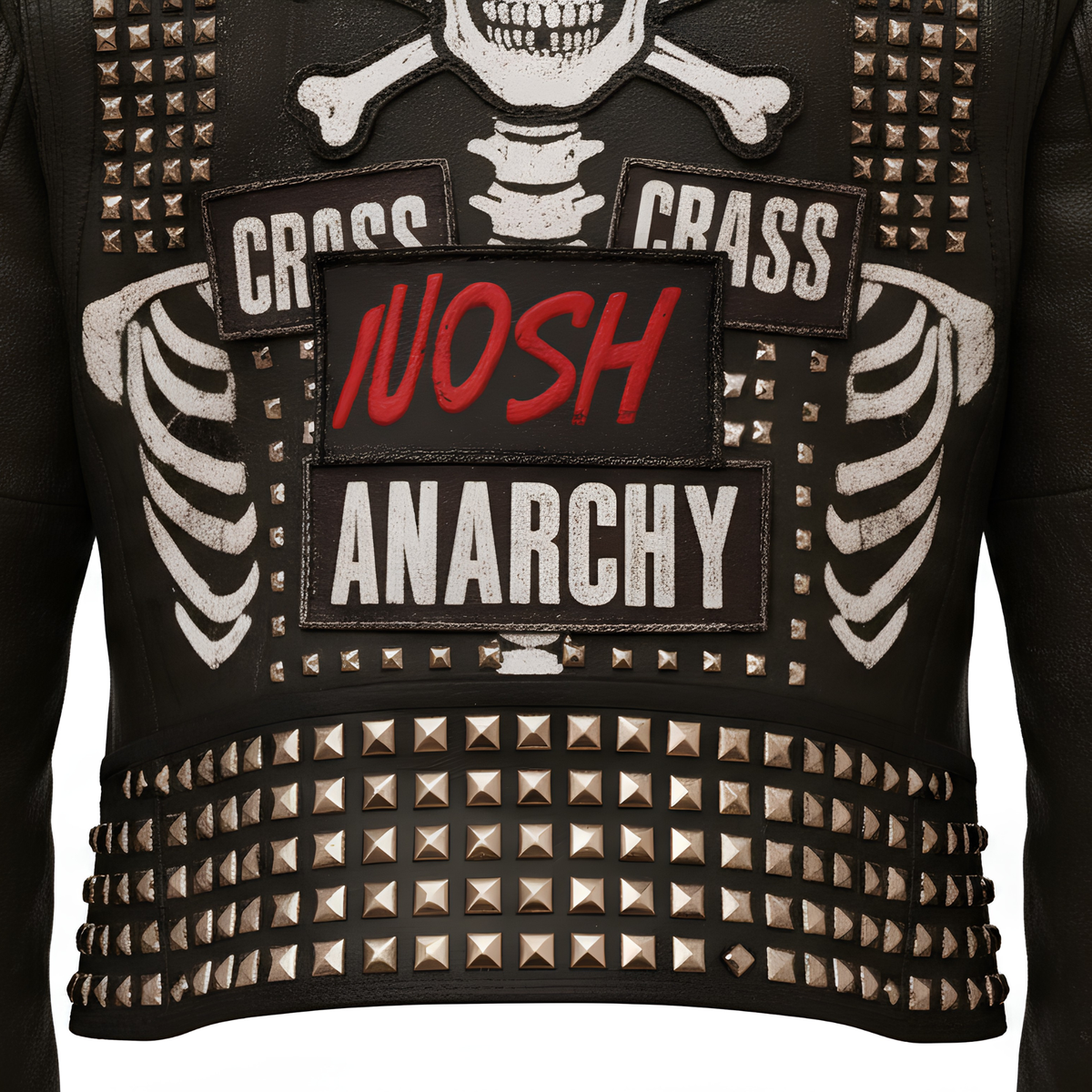 Close-up shot of the lower hem, metal pyramid studs, white painted border accent, and zippered cuff of a black leather biker jacket.