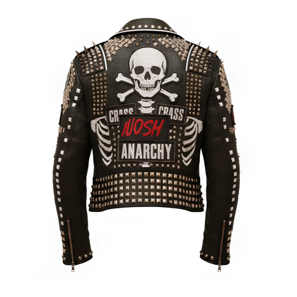 Full back view of a black leather motorcycle jacket with a large skull and crossbones artwork, anarchy text patches, and a heavily studded waist band.