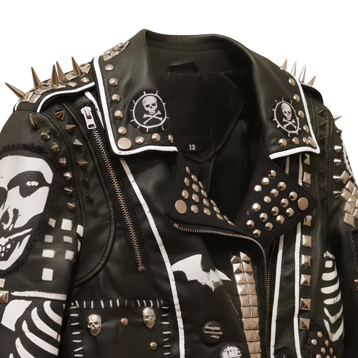 Upper chest detail showing silver studs on the lapels, skull collar patch, white bat graphics, and spiked shoulder epaulets on a black leather jacket.