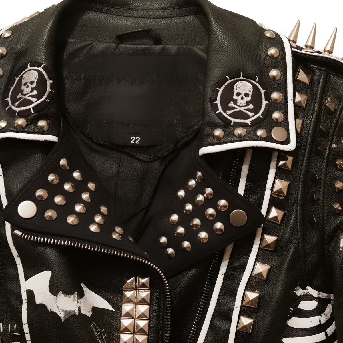 Overhead close-up of a open biker jacket collar displaying embroidered skull patches, silver press studs, and shoulder spike placements.