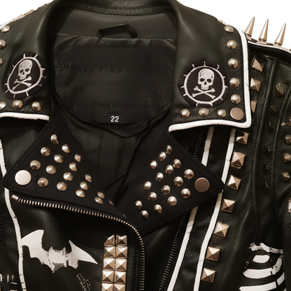 Overhead close-up of a open biker jacket collar displaying embroidered skull patches, silver press studs, and shoulder spike placements.