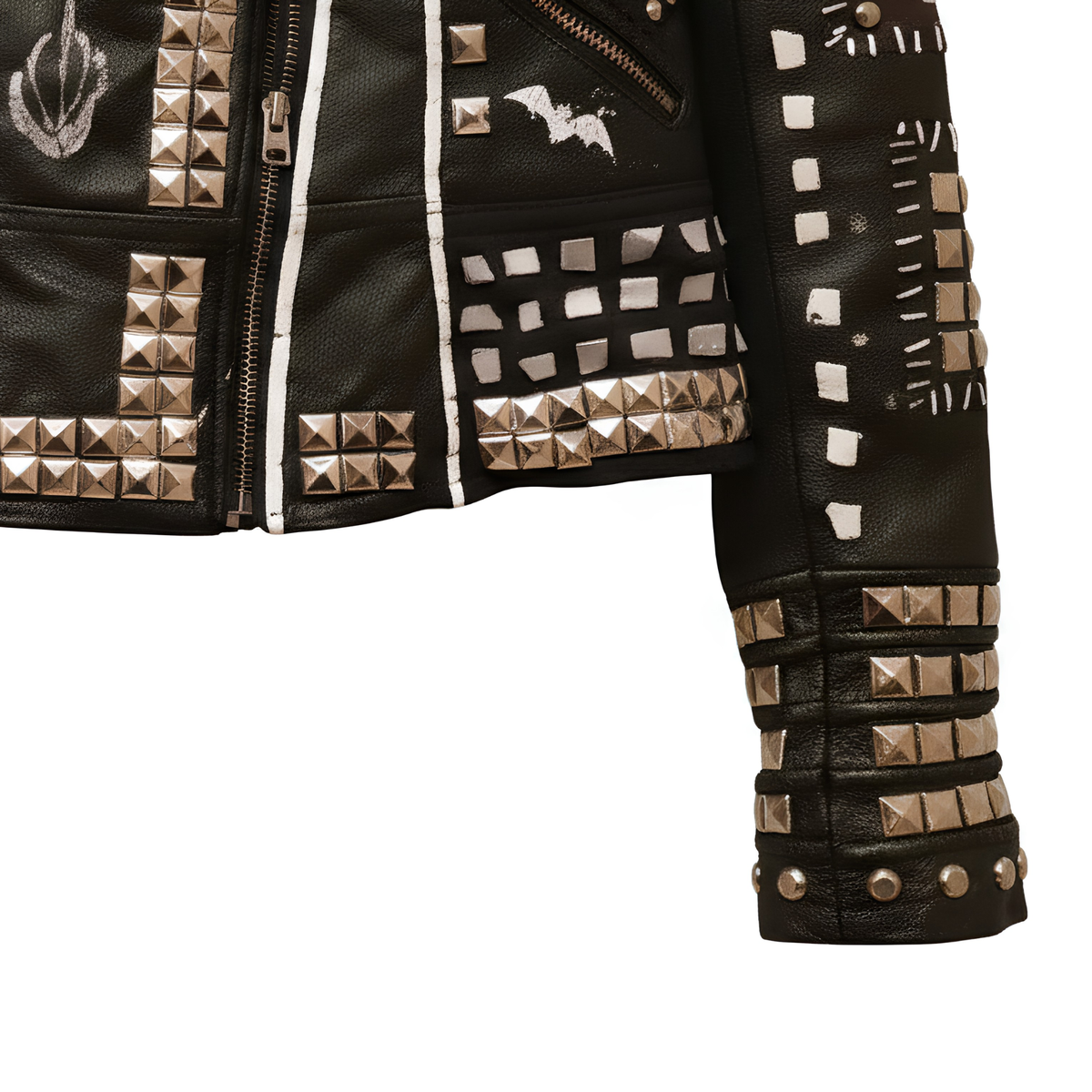 Close-up shot highlighting tall silver metal shoulder spikes, lapel snap studs, and fine grain leather texture on a biker jacket.