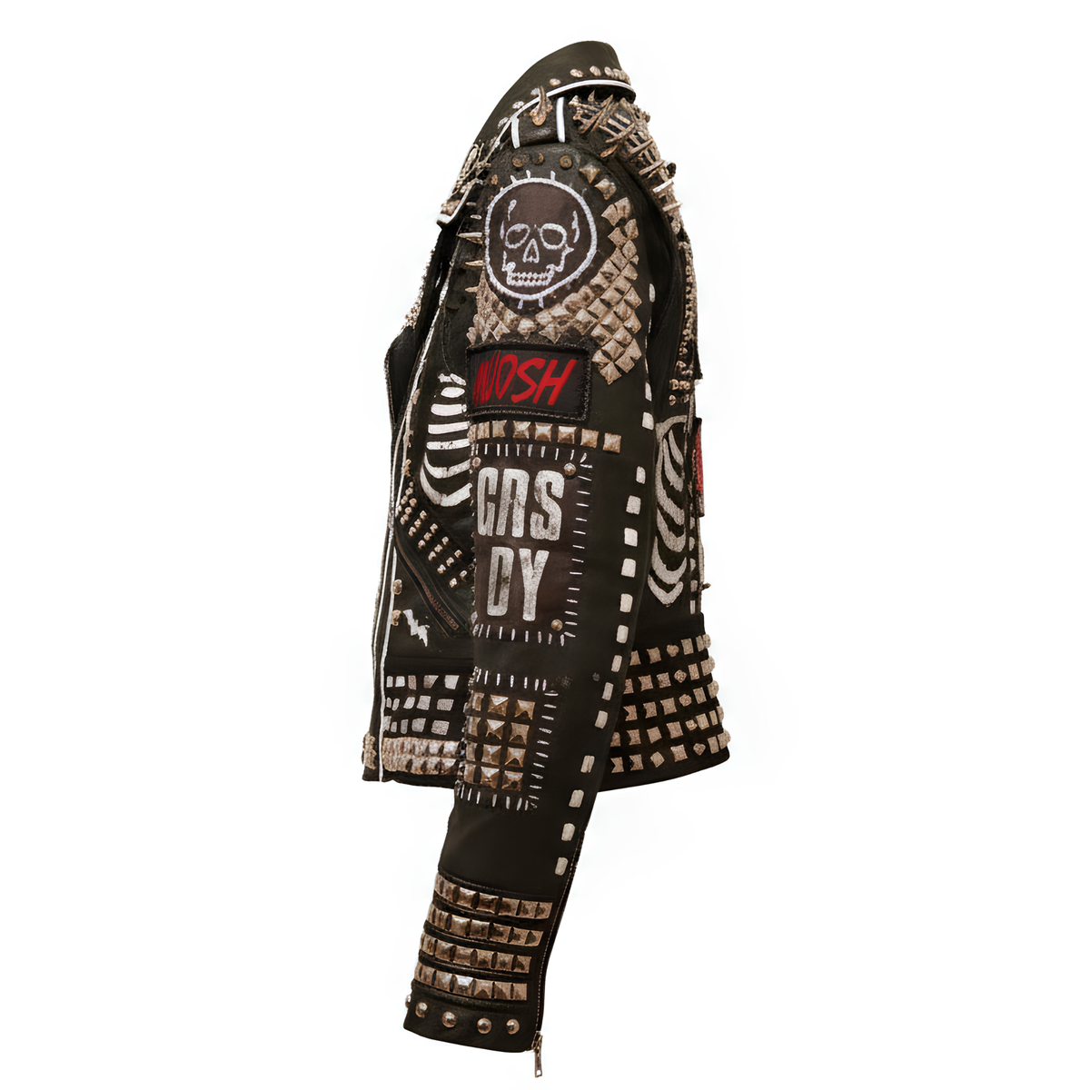 Side profile of the left arm of a black leather motorcycle jacket showcasing punk patches, skull graphics, and dense pyramid studs on the lower sleeve.