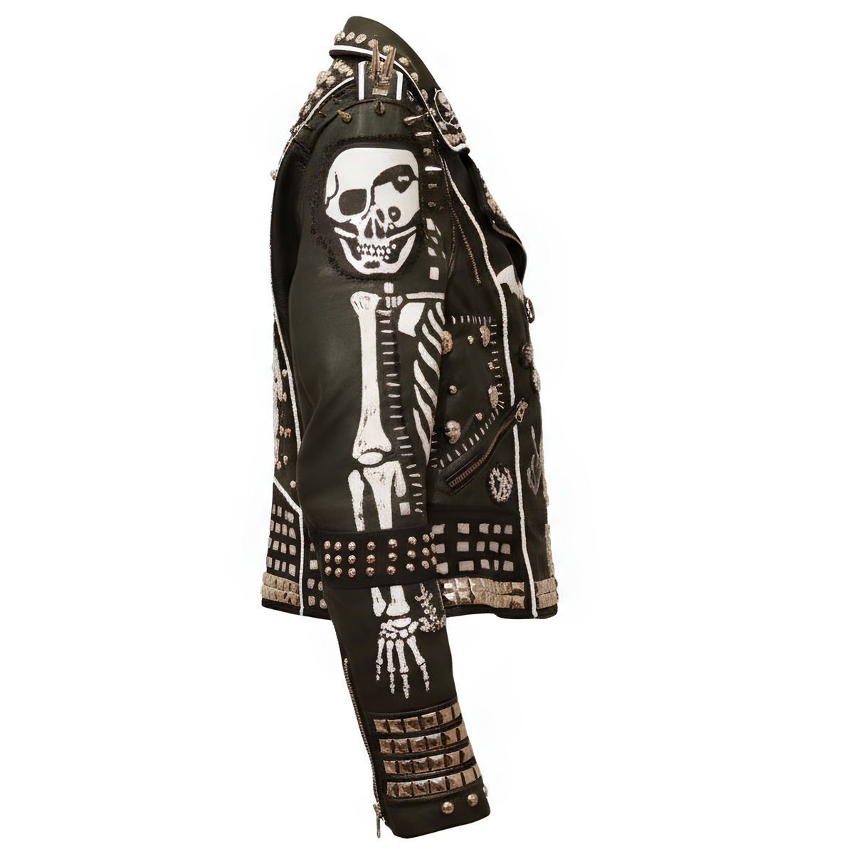 Side view focusing on the right sleeve of a black leather biker jacket showing a full white skeleton arm graphic and heavy stud rows along the cuff.