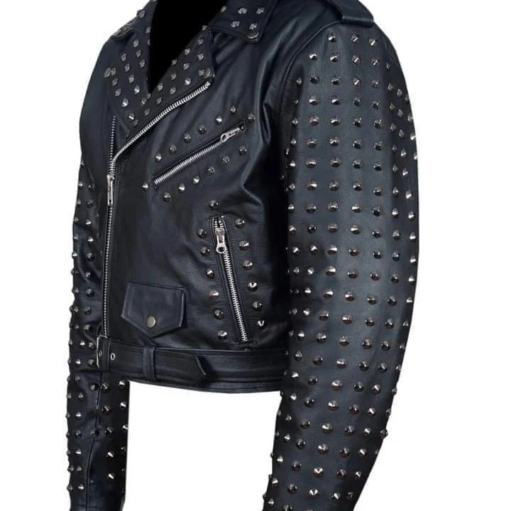 Men’s Black Studded Leather Biker Jacket Punk Rock Motorcycle Zip Moto Coat