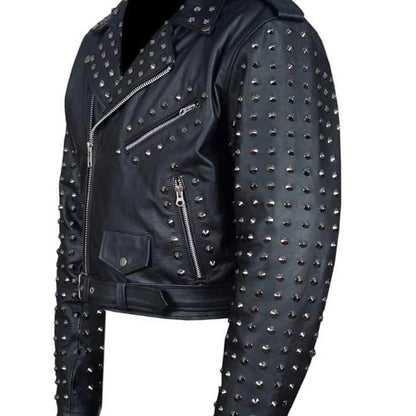 Men’s Black Studded Leather Biker Jacket Punk Rock Motorcycle Zip Moto Coat